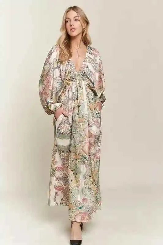 ADORA Batwing Sleeve Dress - Printed V - Neck Design for Effortless Style - MegaSuperStar