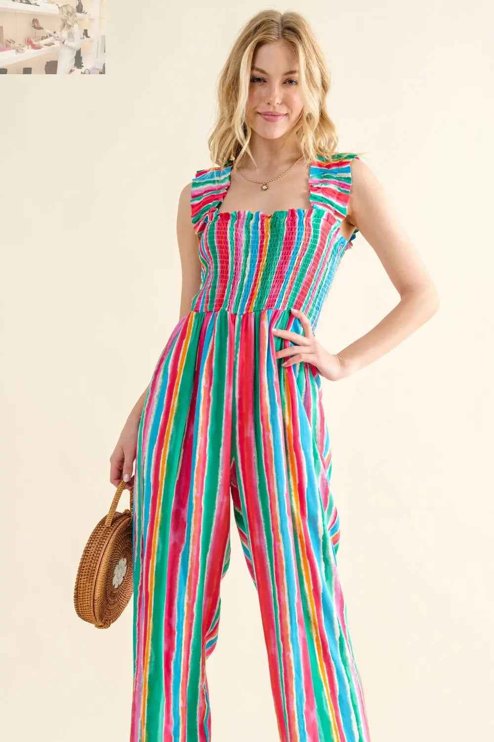 And The Why Full Size Striped Smocked Jumpsuit for Effortless Style - MegaSuperStar