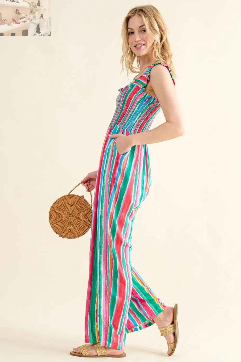 And The Why Full Size Striped Smocked Jumpsuit for Effortless Style - MegaSuperStar