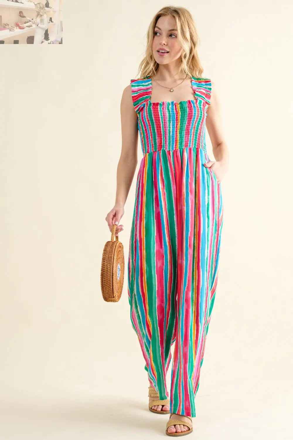 And The Why Full Size Striped Smocked Jumpsuit for Effortless Style - MegaSuperStar
