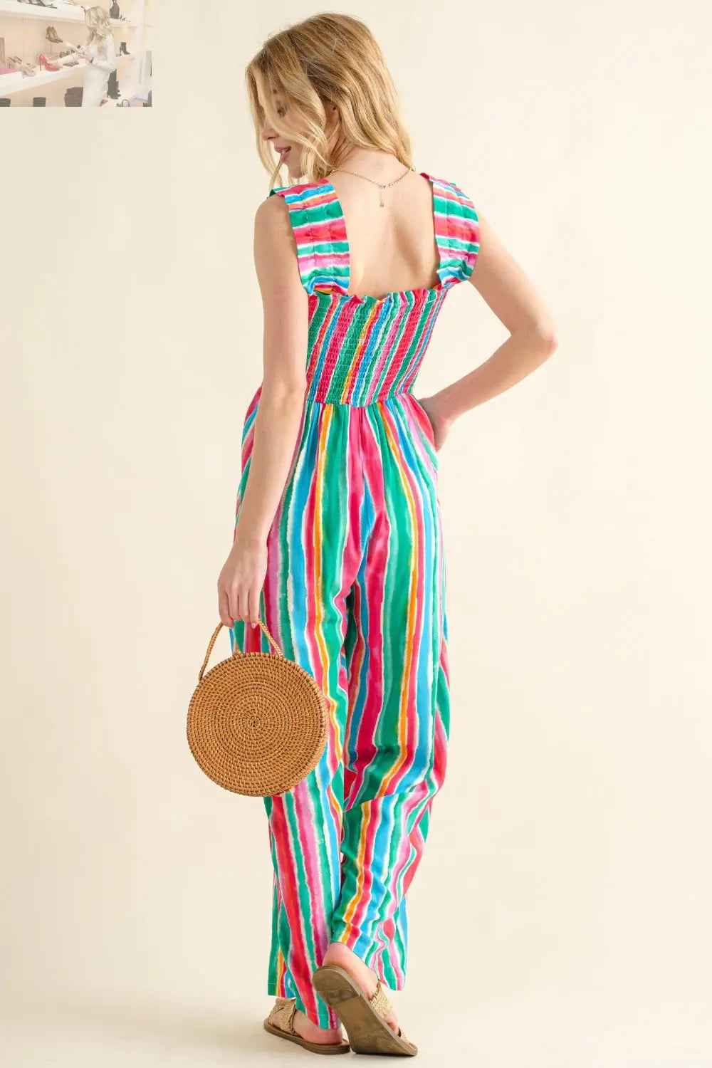 And The Why Full Size Striped Smocked Jumpsuit for Effortless Style - MegaSuperStar