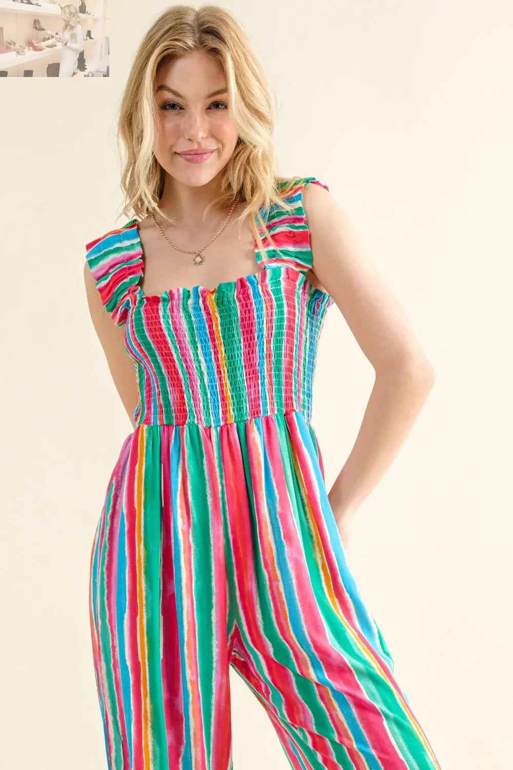 And The Why Full Size Striped Smocked Jumpsuit for Effortless Style - MegaSuperStar