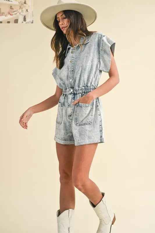 Annie Wear Denim Romper with Elastic Waistband - Short Sleeve Style - MegaSuperStar