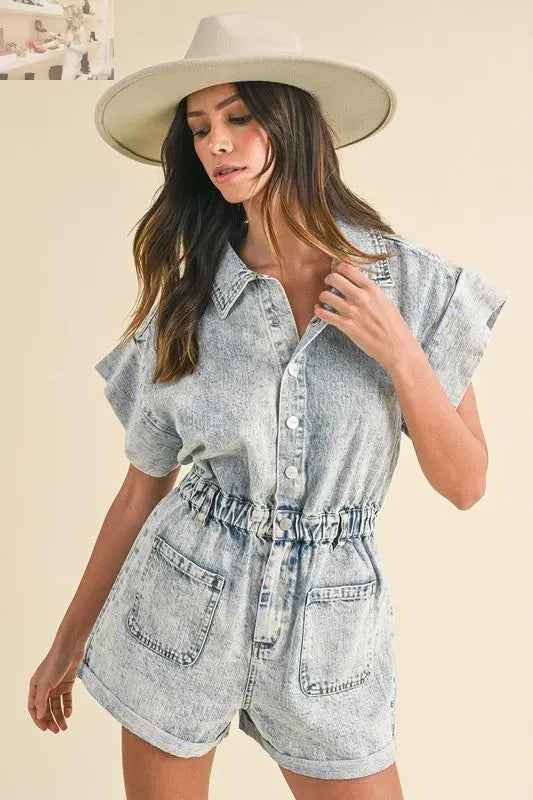 Annie Wear Denim Romper with Elastic Waistband - Short Sleeve Style - MegaSuperStar