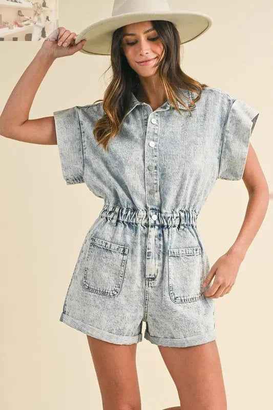 Annie Wear Denim Romper with Elastic Waistband - Short Sleeve Style - MegaSuperStar
