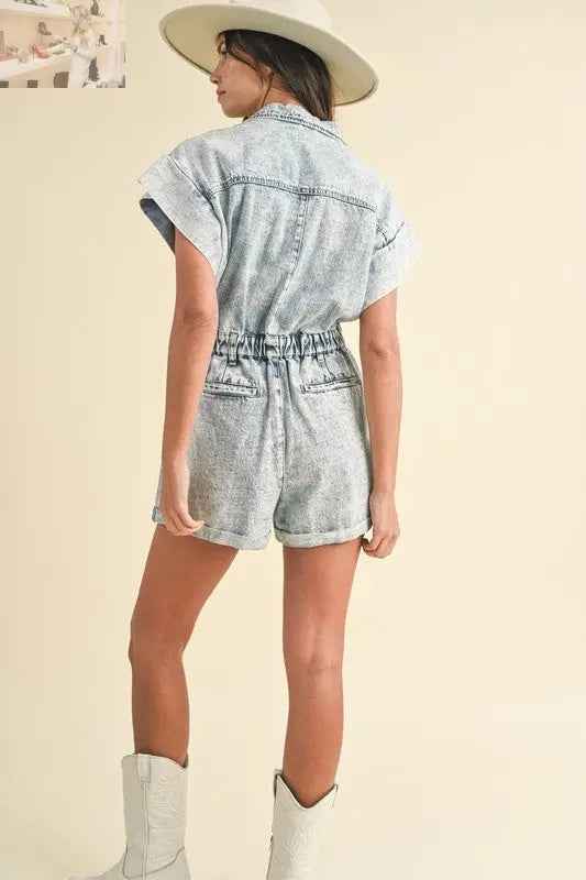 Annie Wear Denim Romper with Elastic Waistband - Short Sleeve Style - MegaSuperStar