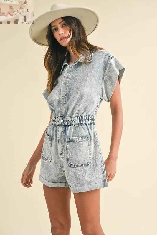 Annie Wear Denim Romper with Elastic Waistband - Short Sleeve Style - MegaSuperStar
