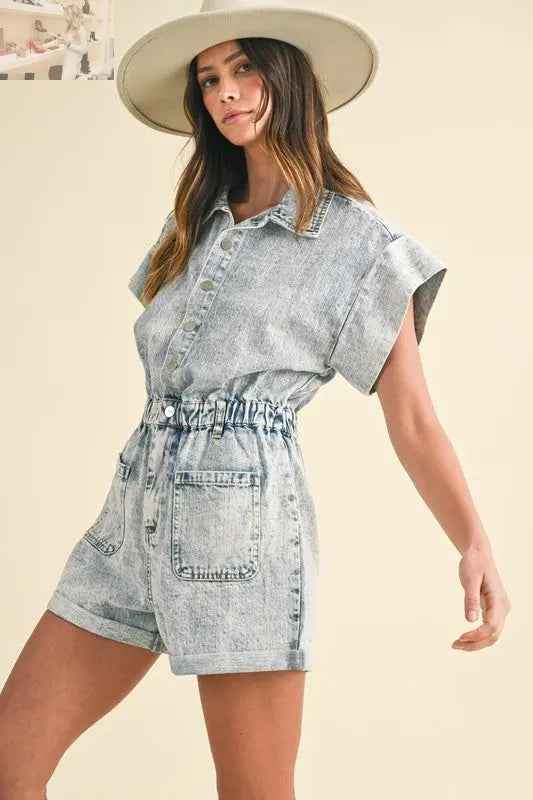 Annie Wear Denim Romper with Elastic Waistband - Short Sleeve Style - MegaSuperStar