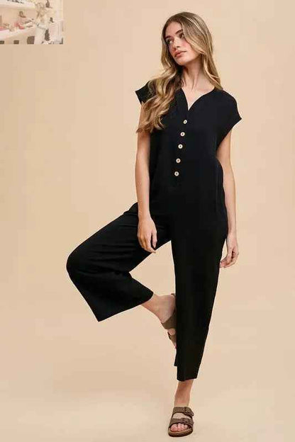 Annie Wear Wide Leg Jumpsuit with Button Detail and Pockets - MegaSuperStar