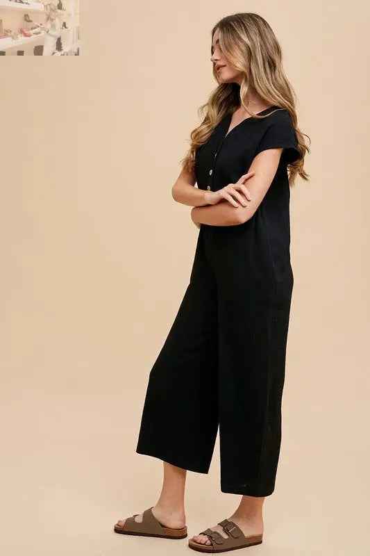 Annie Wear Wide Leg Jumpsuit with Button Detail and Pockets - MegaSuperStar