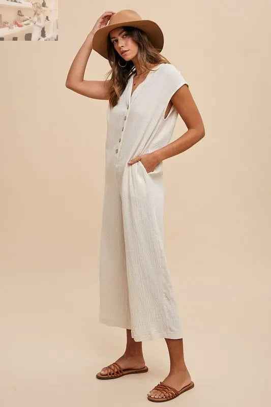 Annie Wear Wide Leg Jumpsuit with Pockets and Button Detail - MegaSuperStar
