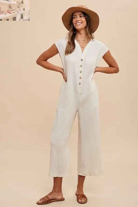 Annie Wear Wide Leg Jumpsuit with Pockets and Button Detail - MegaSuperStar