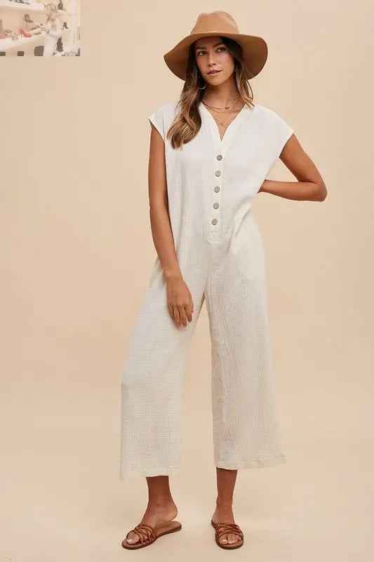 Annie Wear Wide Leg Jumpsuit with Pockets and Button Detail - MegaSuperStar