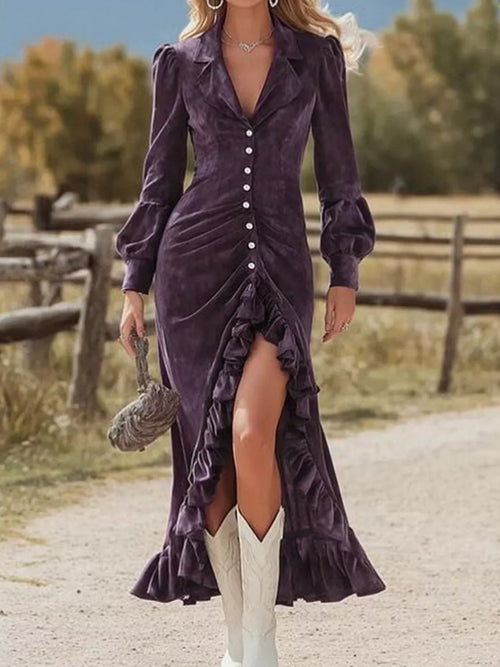Customer styling Velvet Ruffle Slit Midi Dress