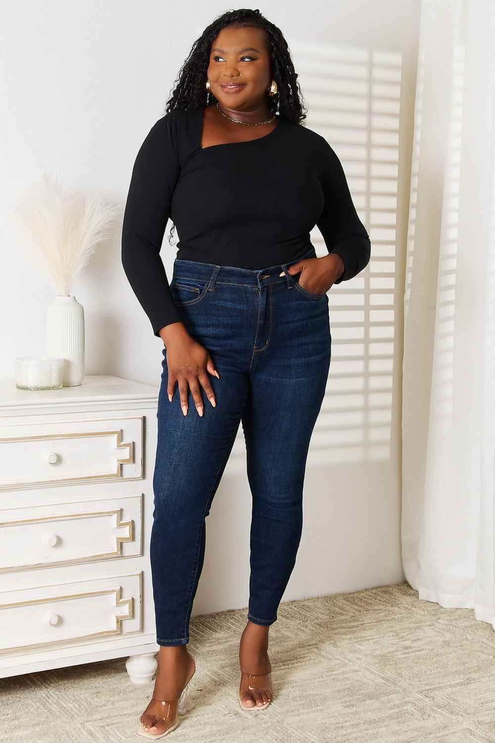 Basic Bae Asymmetrical Neck Long Sleeve Top - MegaSuperStar