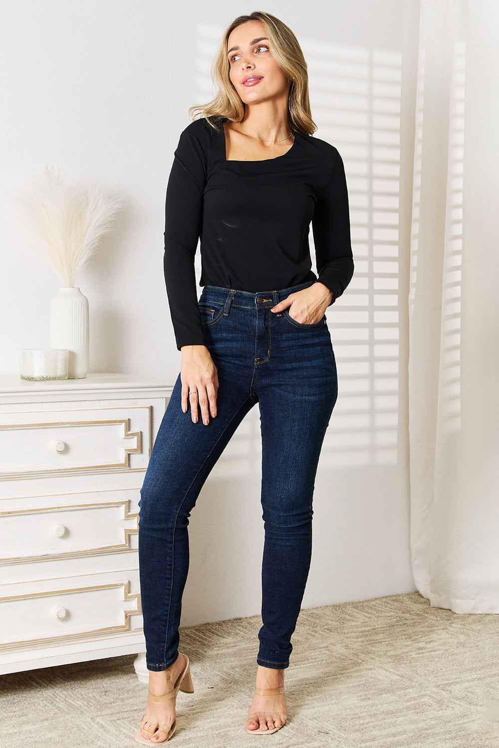 Basic Bae Asymmetrical Neck Long Sleeve Top - MegaSuperStar