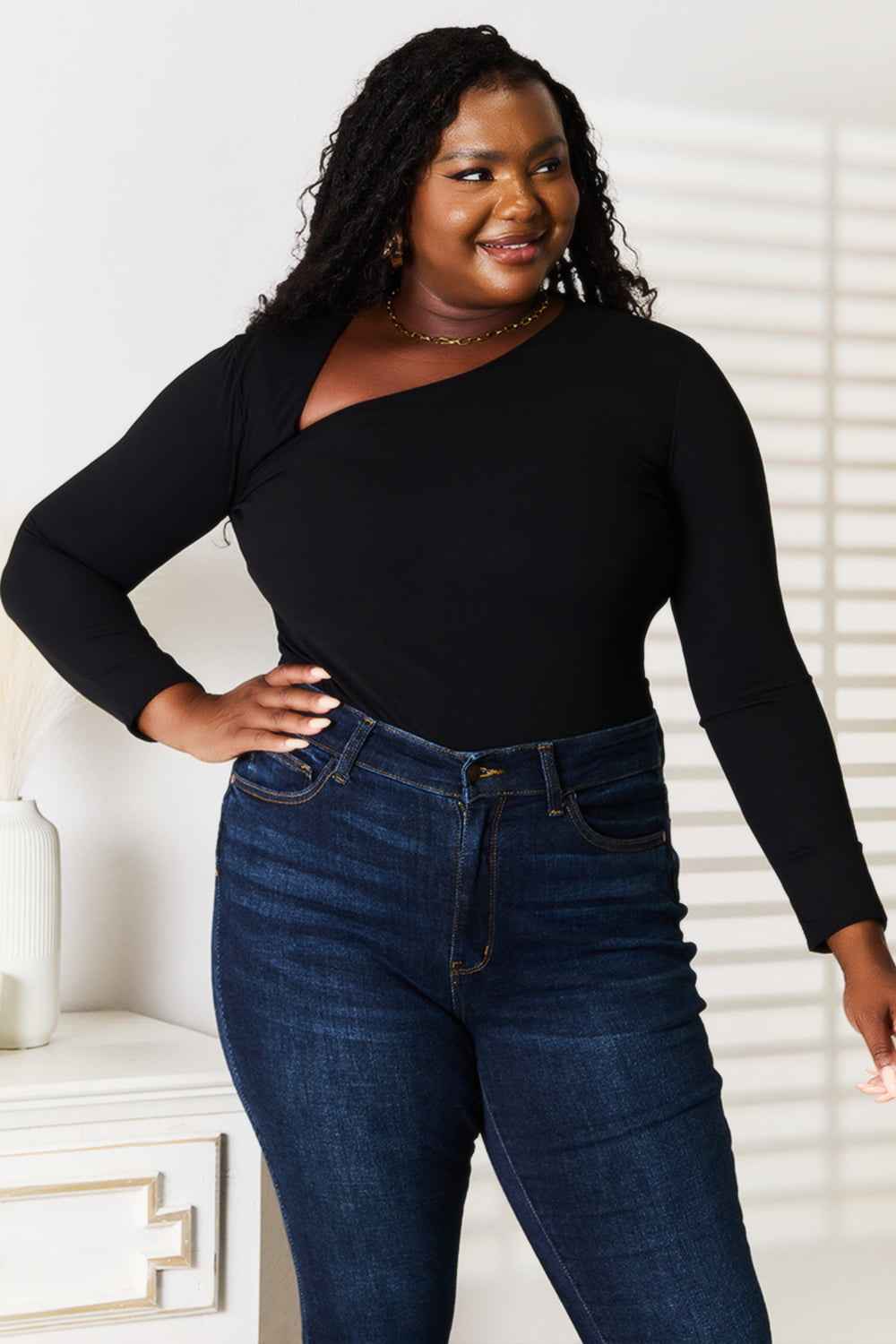 Basic Bae Asymmetrical Neck Long Sleeve Top - MegaSuperStar