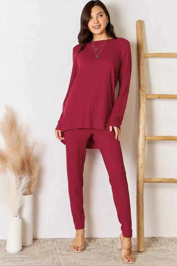💕 Basic Bae Ribbed High-Low Top and Pants Set - Full Size Round Neck Style 💕