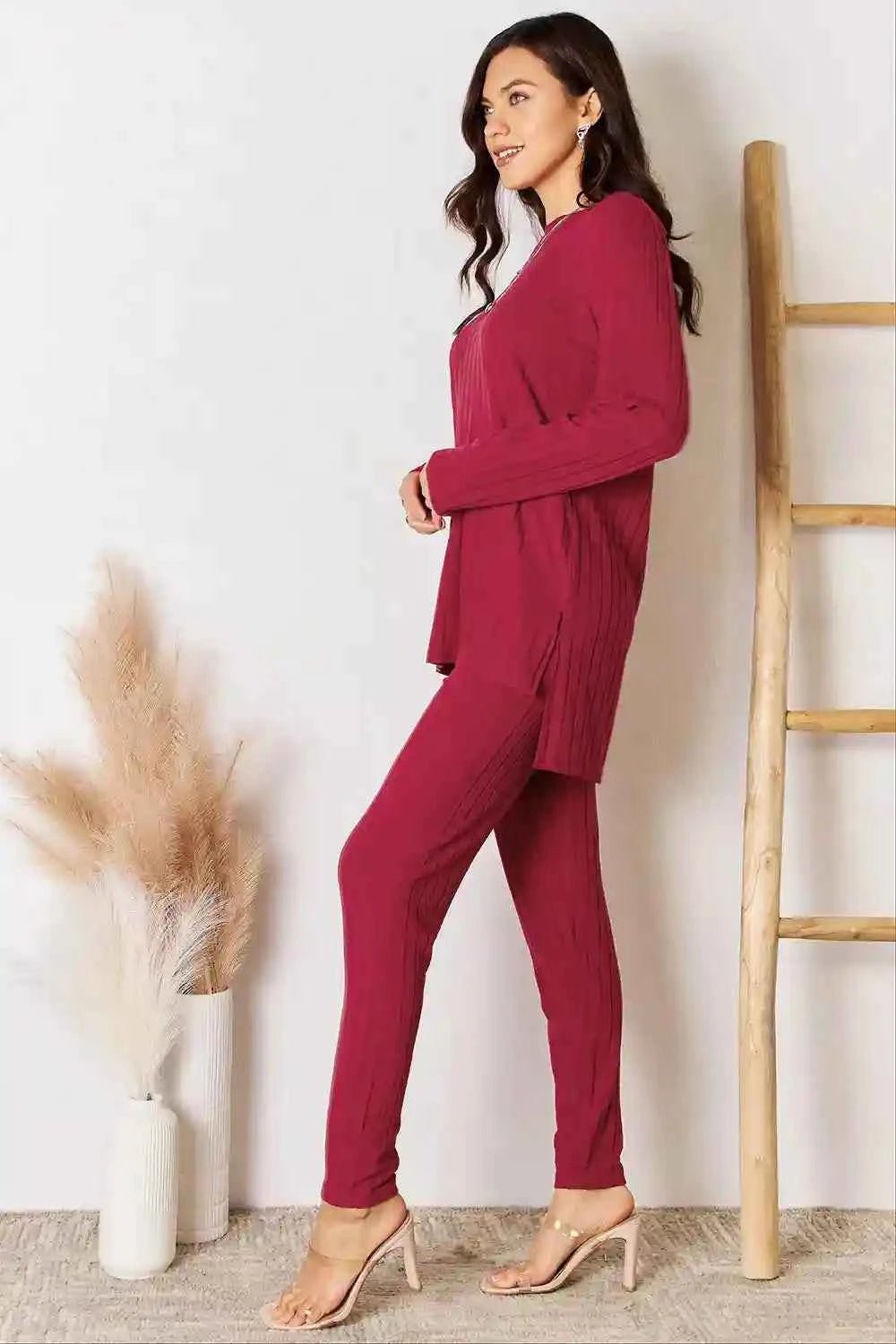 Basic Bae Ribbed High - Low Top and Pants Set - Full Size Round Neck Style - MegaSuperStar