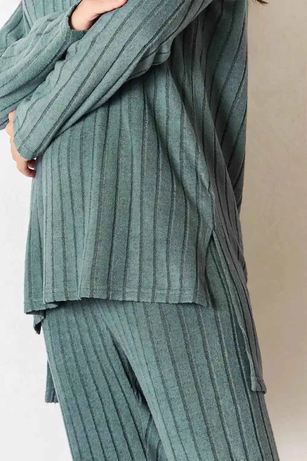 Basic Bae Ribbed High - Low Top and Pants Set - Full Size Round Neck Style - MegaSuperStar