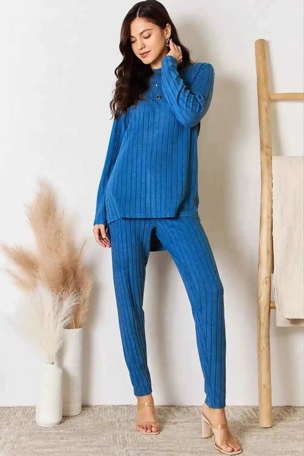 Basic Bae Ribbed High - Low Top and Pants Set - Full Size Round Neck Style - MegaSuperStar