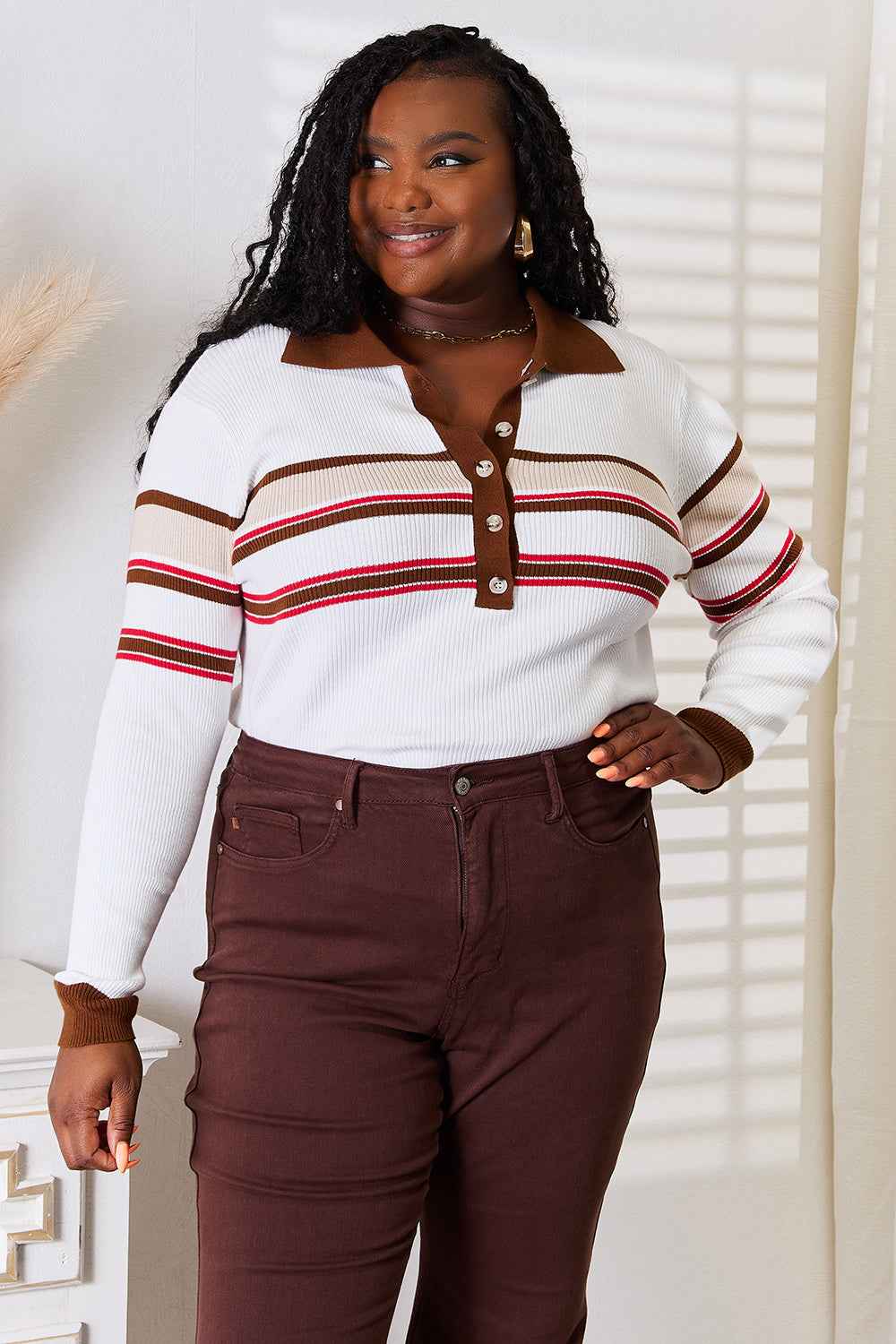 Basic Bae Striped Collared Rib - Knit Top for Effortless Style - MegaSuperStar