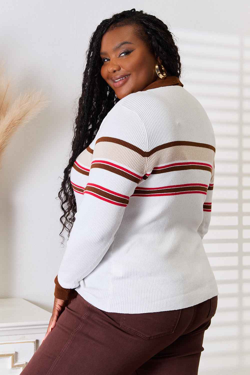 Basic Bae Striped Collared Rib - Knit Top for Effortless Style - MegaSuperStar