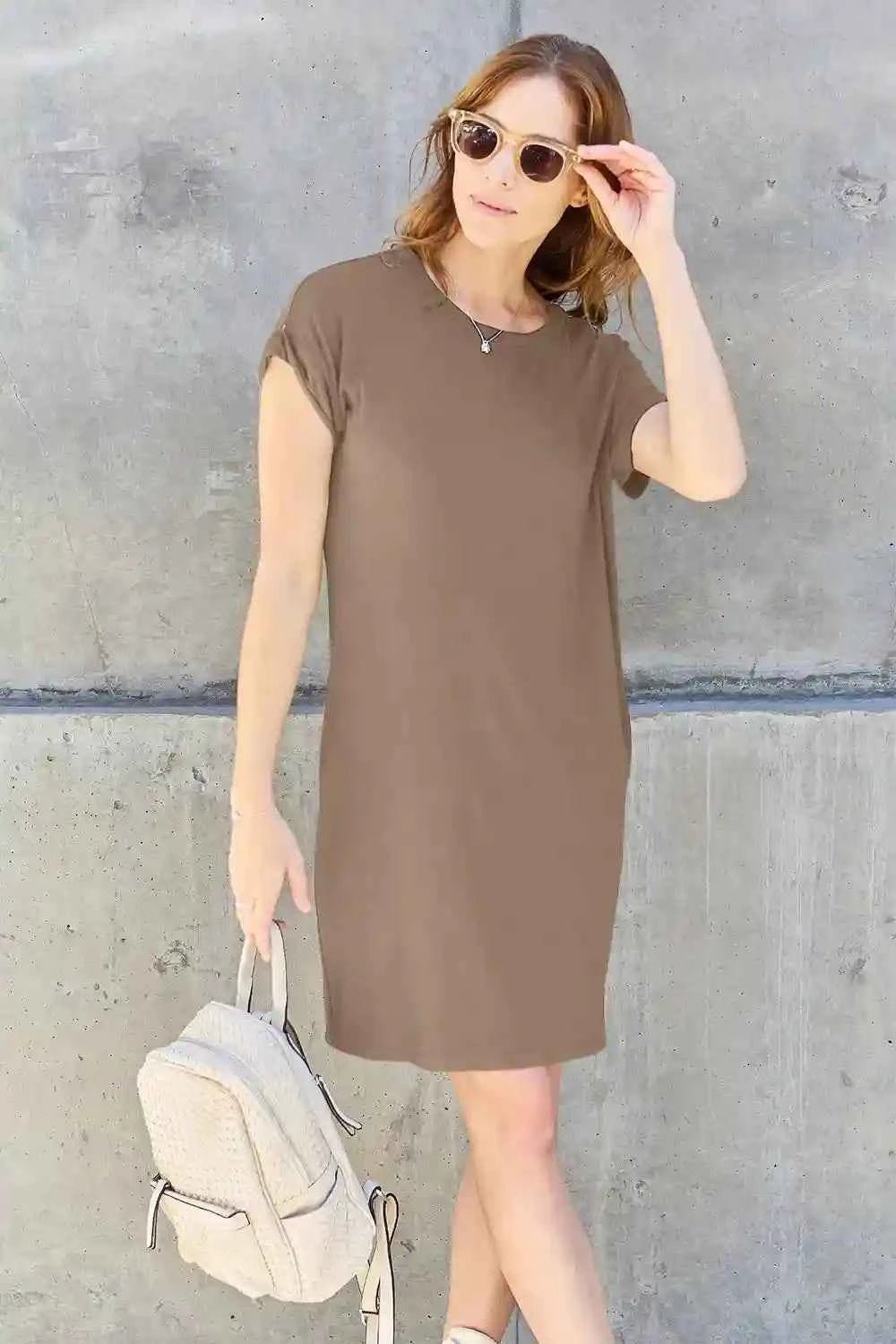 Basic Dress with Pockets - Full Size Round Neck Short Sleeve Dress for Everyday Style - MegaSuperStar