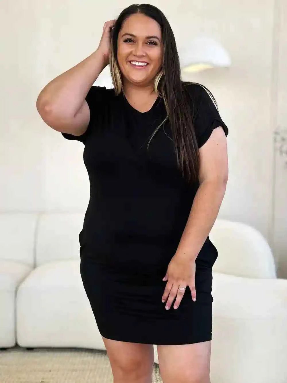 Basic Dress with Pockets - Full Size Round Neck Short Sleeve Dress for Everyday Style - MegaSuperStar