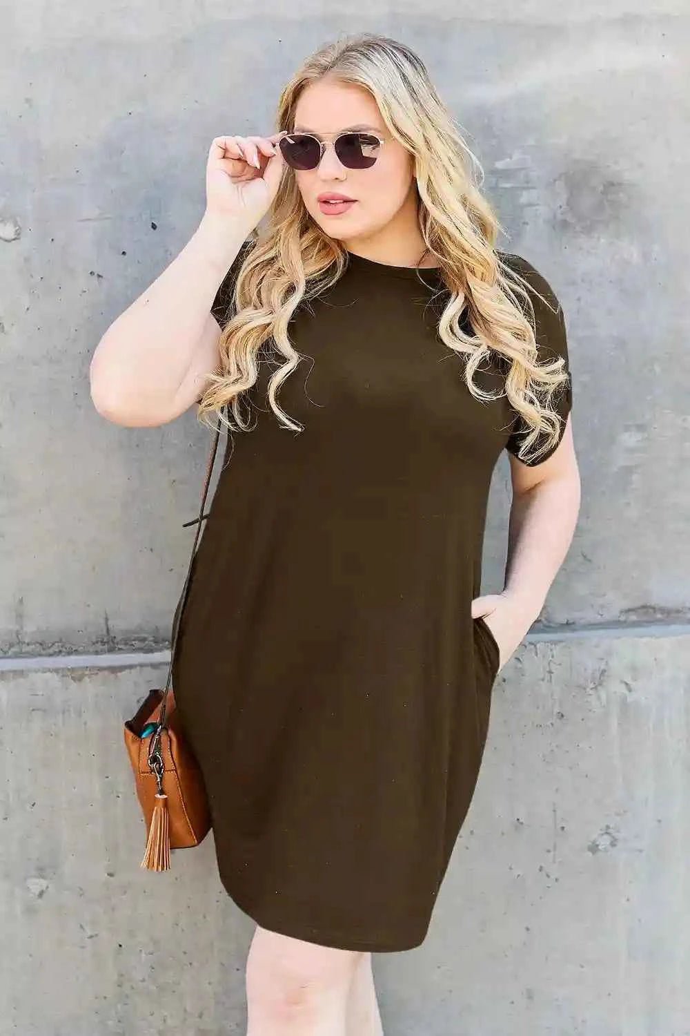 Basic Dress with Pockets - Full Size Round Neck Short Sleeve Dress for Everyday Style - MegaSuperStar