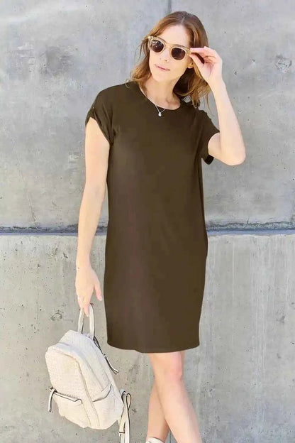 Basic Dress with Pockets - Full Size Round Neck Short Sleeve Dress for Everyday Style - MegaSuperStar