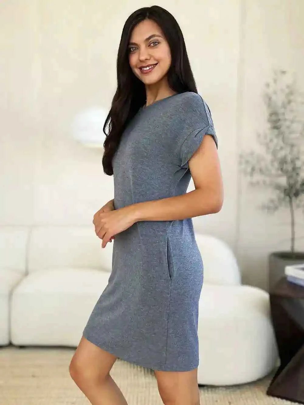 Basic Dress with Pockets - Full Size Round Neck Short Sleeve Dress for Everyday Style - MegaSuperStar