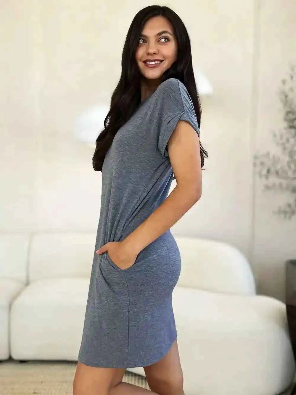 Basic Dress with Pockets - Full Size Round Neck Short Sleeve Dress for Everyday Style - MegaSuperStar