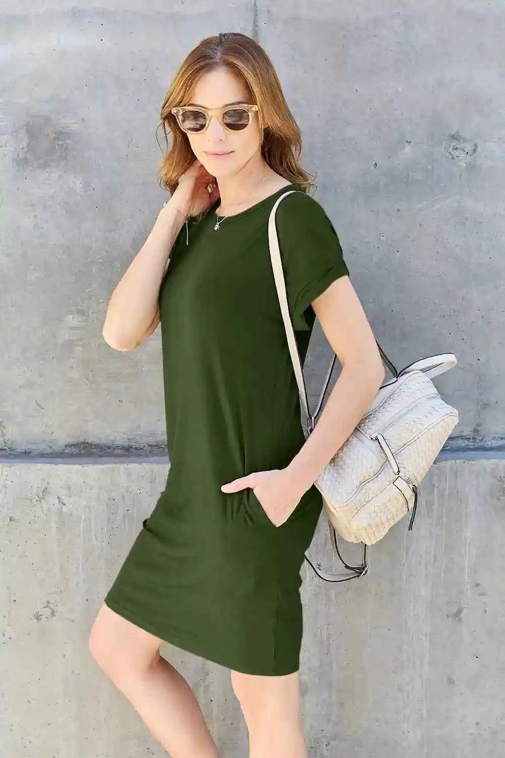 Basic Dress with Pockets - Full Size Round Neck Short Sleeve Dress for Everyday Style - MegaSuperStar