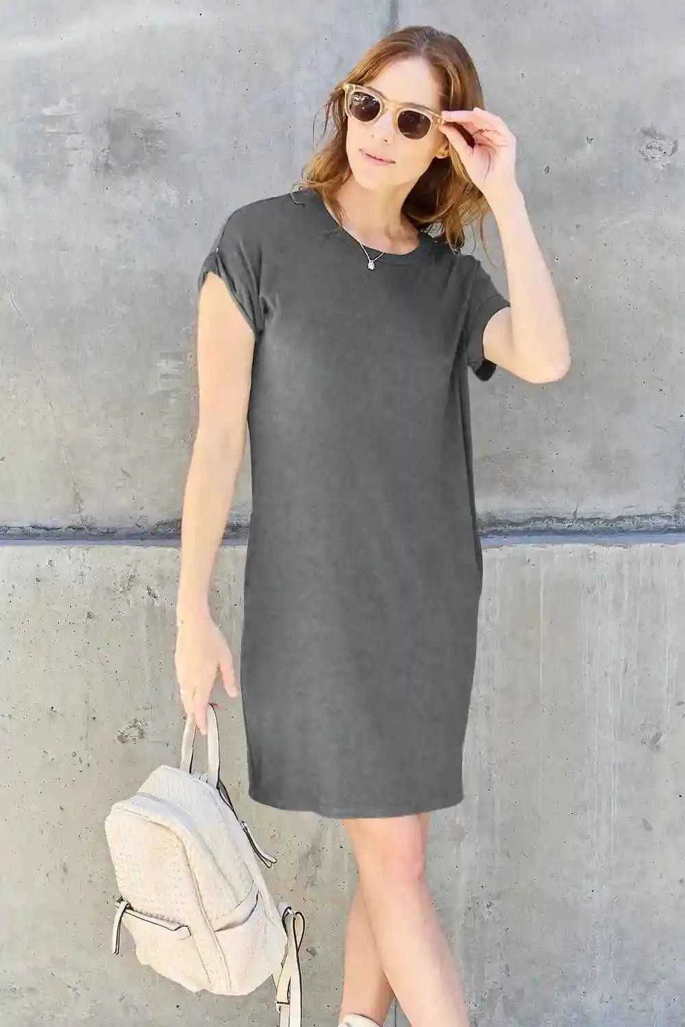 Basic Dress with Pockets - Full Size Round Neck Short Sleeve Dress for Everyday Style - MegaSuperStar