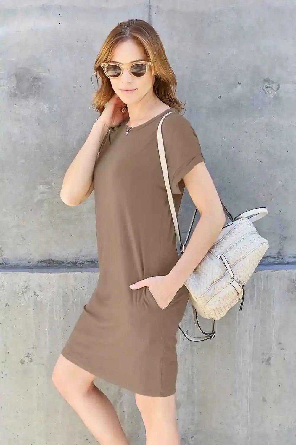 Basic Dress with Pockets - Full Size Round Neck Short Sleeve Dress for Everyday Style - MegaSuperStar