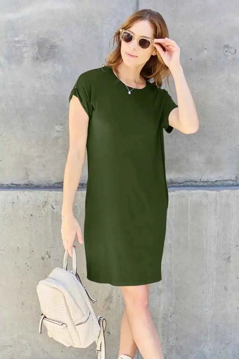 Basic Dress with Pockets - Full Size Round Neck Short Sleeve Dress for Everyday Style - MegaSuperStar