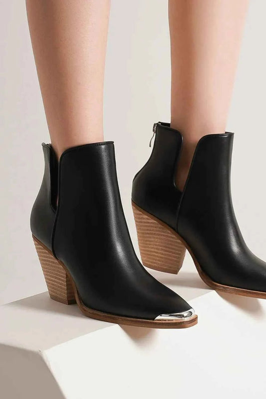 Beast Fashion Pointed Metal - Tip Ankle Boots with Block Heel - MegaSuperStar