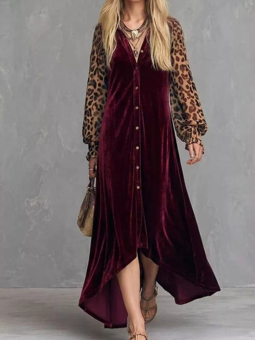 Customer styling Leopard Velvet Button-Down Maxi Dress