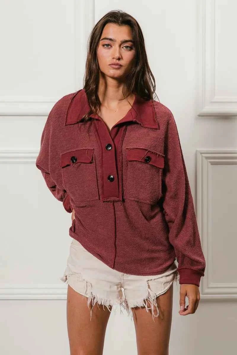BiBi Cp French Terry Collared Top with Cut Edge Detail - MegaSuperStar