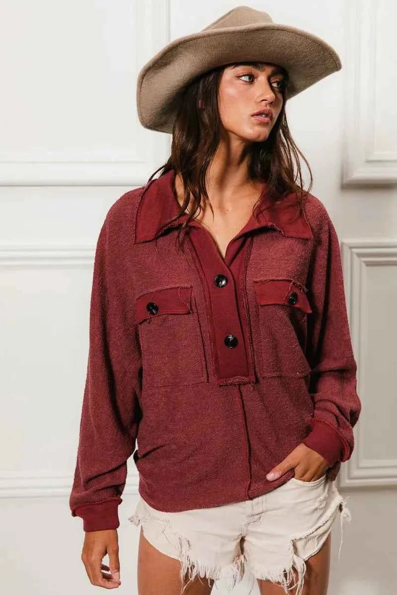 BiBi Cp French Terry Collared Top with Cut Edge Detail - MegaSuperStar