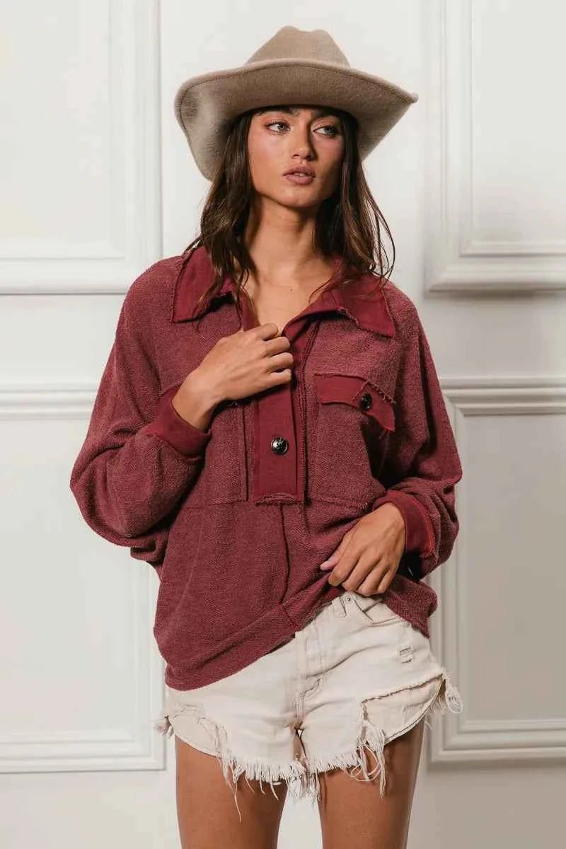 BiBi Cp French Terry Collared Top with Cut Edge Detail - MegaSuperStar