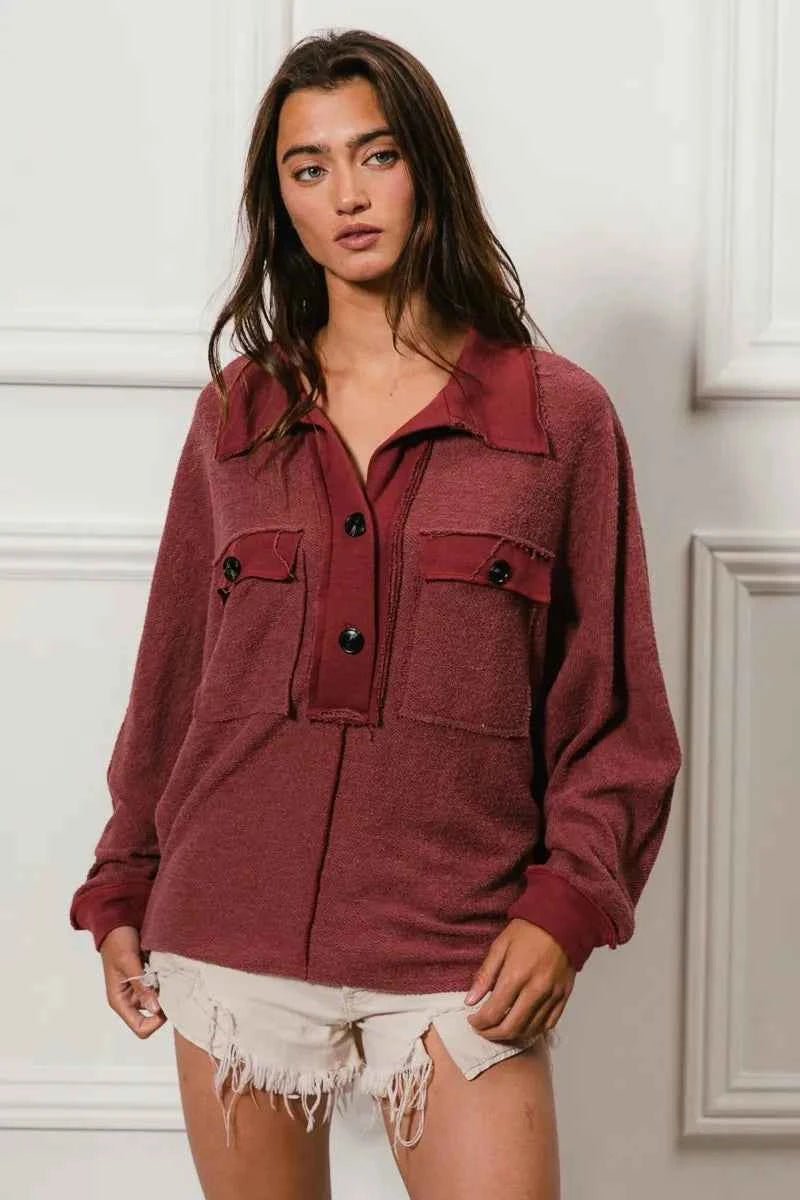 BiBi Cp French Terry Collared Top with Cut Edge Detail - MegaSuperStar