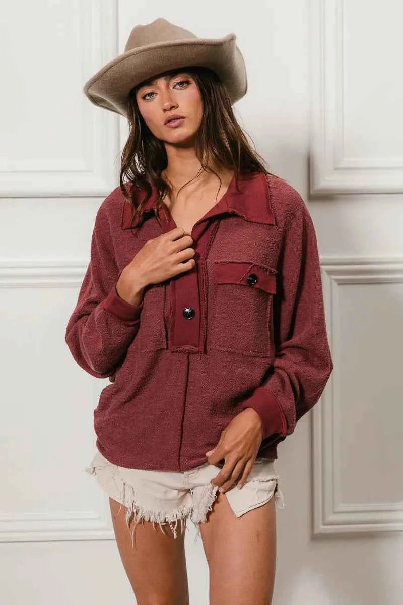 BiBi Cp French Terry Collared Top with Cut Edge Detail - MegaSuperStar