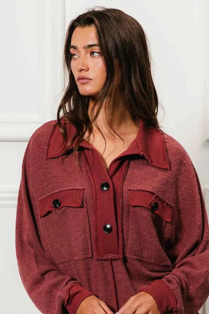 BiBi Cp French Terry Collared Top with Cut Edge Detail - MegaSuperStar