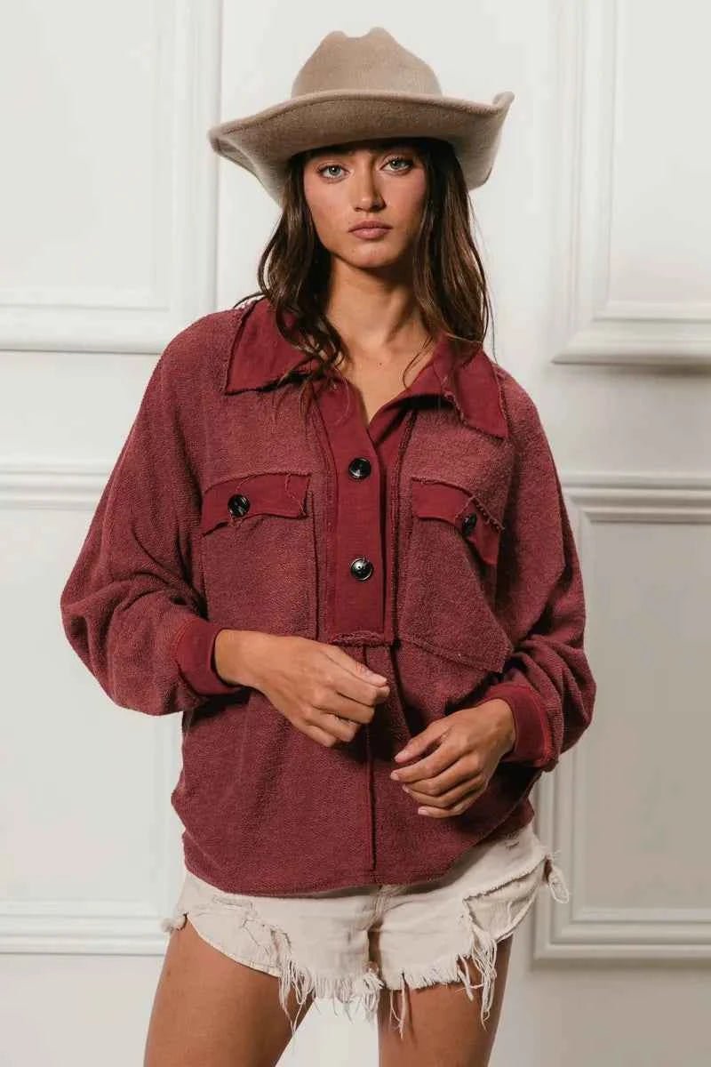 BiBi Cp French Terry Collared Top with Cut Edge Detail - MegaSuperStar