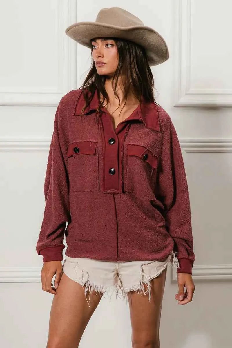 BiBi Cp French Terry Collared Top with Cut Edge Detail - MegaSuperStar