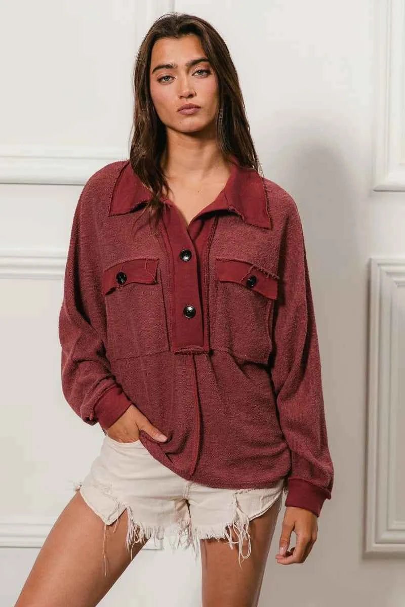 BiBi Cp French Terry Collared Top with Cut Edge Detail - MegaSuperStar