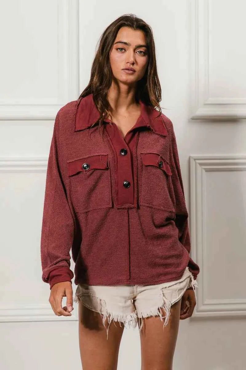 BiBi Cp French Terry Collared Top with Cut Edge Detail - MegaSuperStar