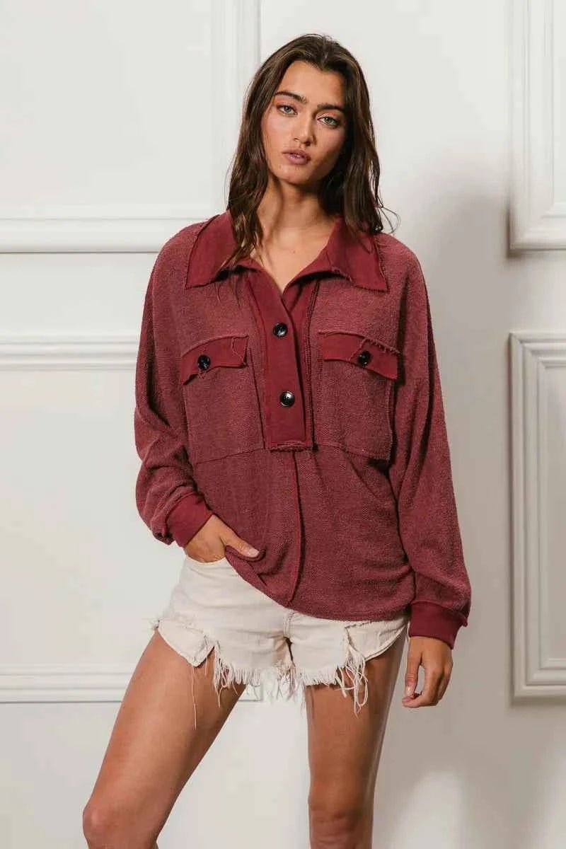 BiBi Cp French Terry Collared Top with Cut Edge Detail - MegaSuperStar